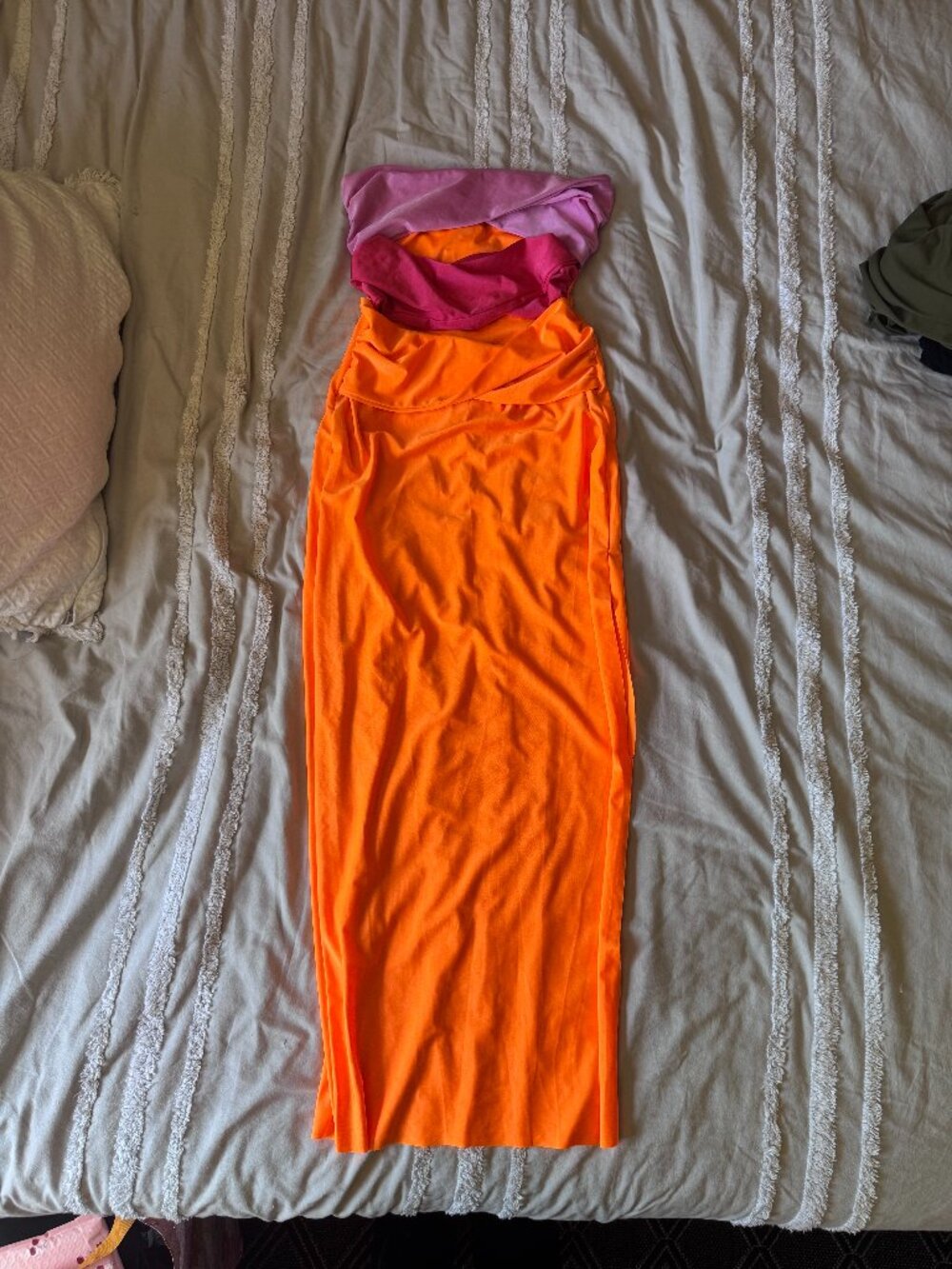 Amazon Orange Pink Colorblock Cutout Strapless High Slit Maxi Dress